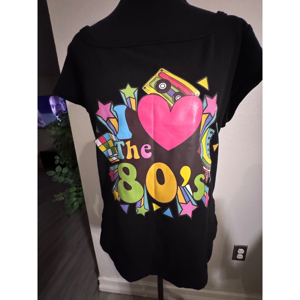 Trendy Queen I Love The 80s Graphic Ribbed T-Shirt XL Black Retro Neon Tee